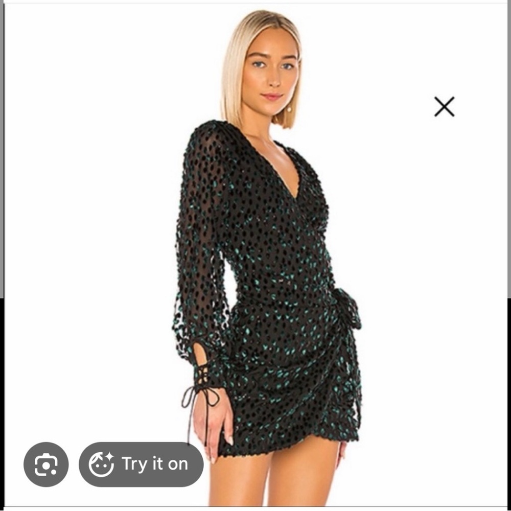 LPA Sequined V-Neck Mini Dress in Emerald & Black